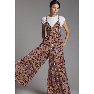 Anthropologie Flounced Floral Burnout Velvet Jumpsuit